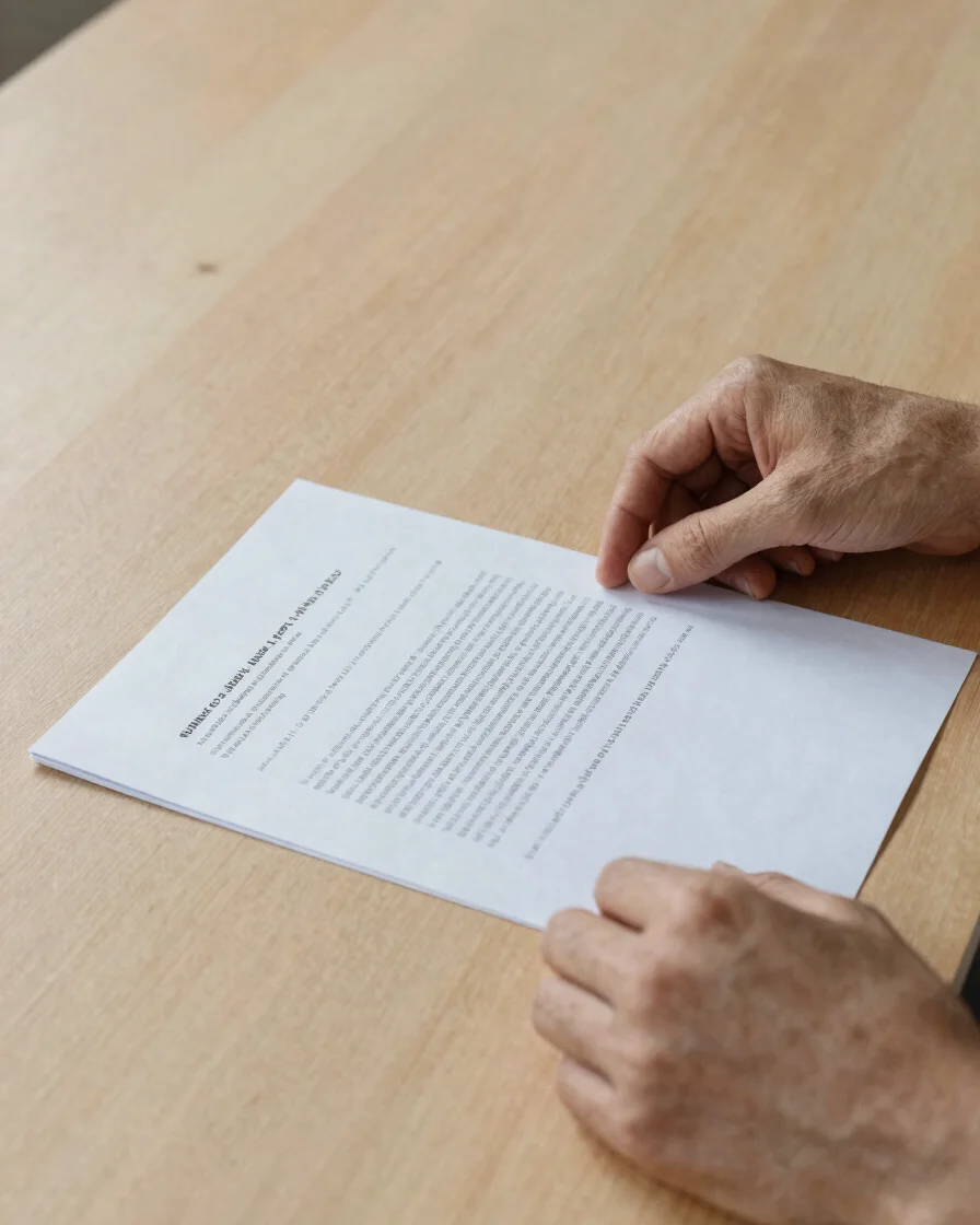 Editorial realistic photograph of a hand arranging simple printed documents on a light wooden table, soft natural daylig