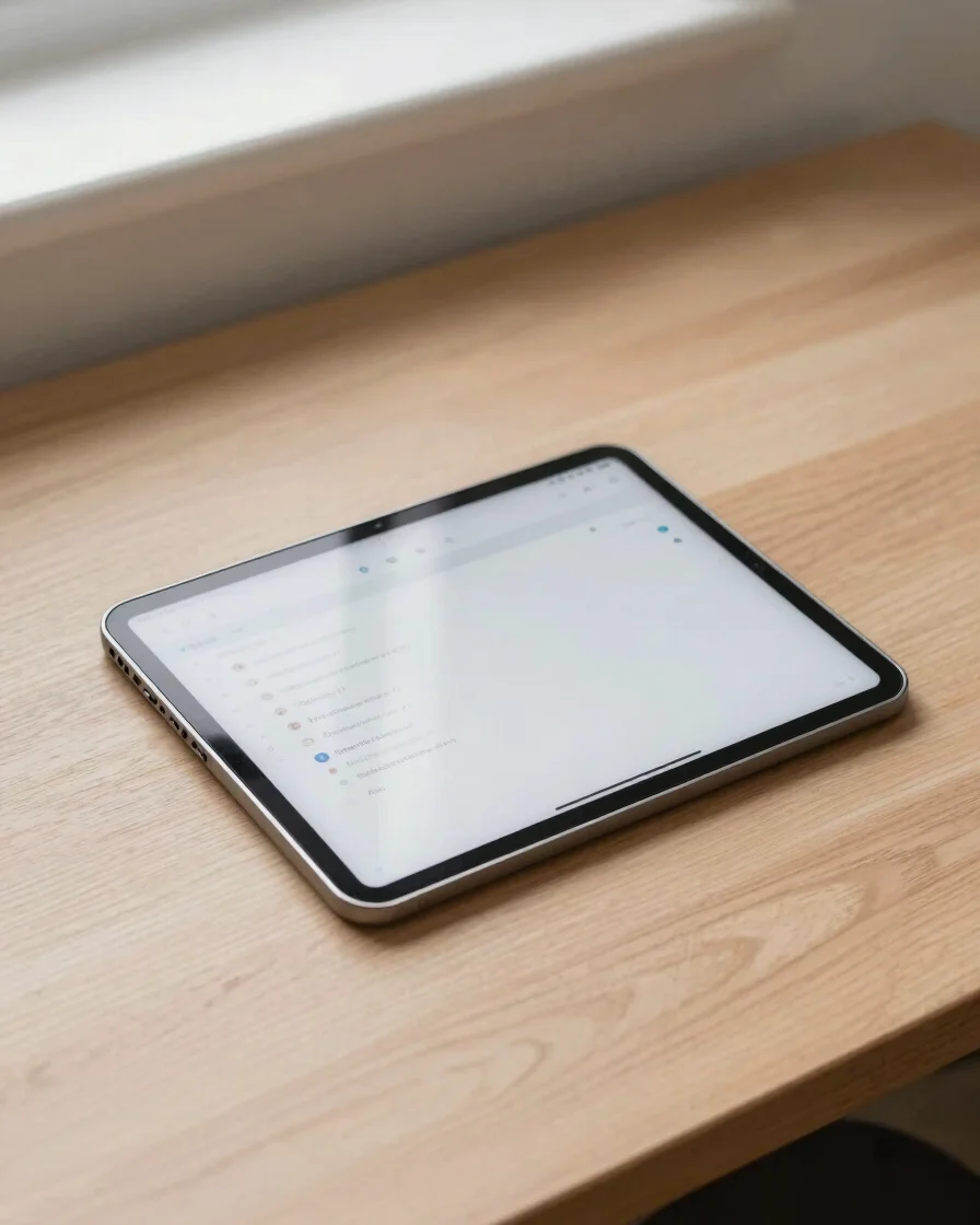 Editorial realistic photograph of a calm organized desk with a ta